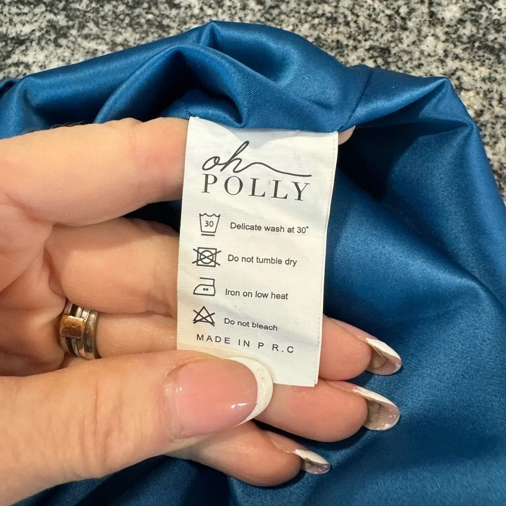 OH POLLY size 10 mini spaghetti strap cerulean blue mini satin dress - Picture 10 of 16